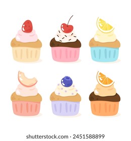 six fruit flavors of cupcake, vector illustration