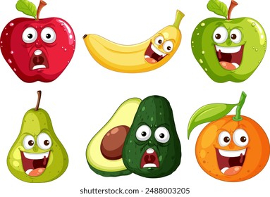 Six fruits with humorous facial expressions