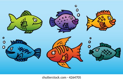 six funny and bright colored fish in the ocean