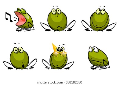 Six funny cheerful frogs