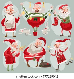 Six funny cute Santa Claus set. Cartoon characters. Christmas set.