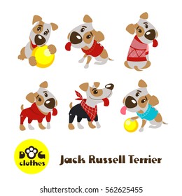 Six funny dogs Jack Russell Terrier in clothes. Clothing for dogs. Vector illustration isolated on white background.