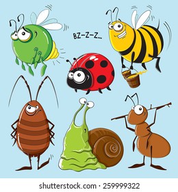 Six funny insects with different characters