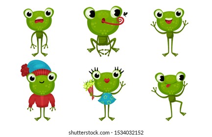 Six Funny Little Frog Characters In Cartoon Style Vector Illustrated Set