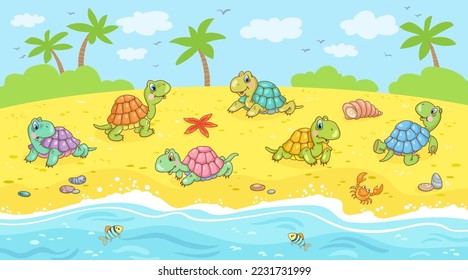 Six funny little turtles on the sea beach. Picture in cartoon style. Vector illustration