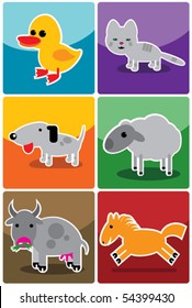 Six funny pets: duck, cat, dog, sheep, cow and horse