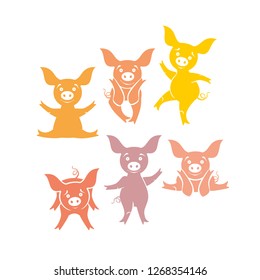 Six funny pigs. Vector cartoon piggy movement. 