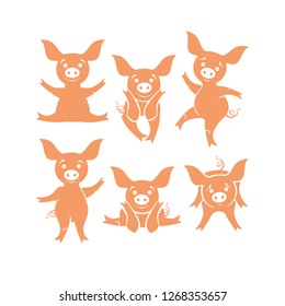 Six funny pigs.Vector cartoon piggy movement. 
