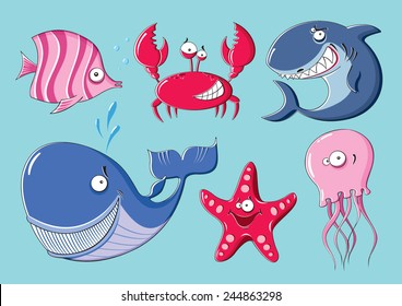 Six funny sea animals with different characters
