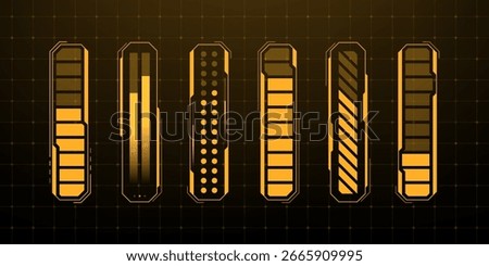 Six futuristic hud vector status bars or level indicators on a grid background. Digital gauge icons for gaming interface element.