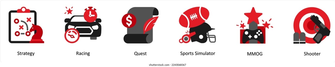 Six game icons in red and black as strategy, racing, quest