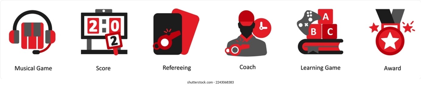 Six game icons in red and black as musical game, score, refereeing