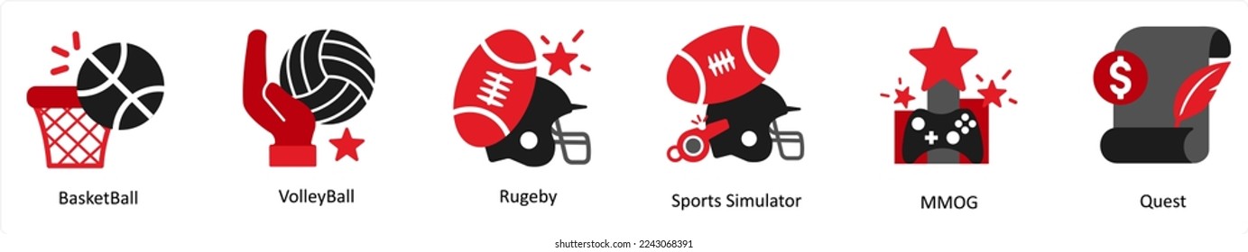 Six game icons in red and black as basket ball, volley ball, rugeby