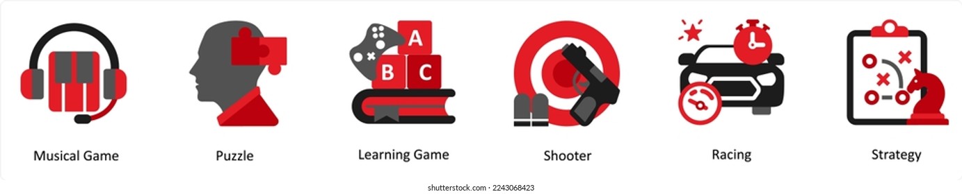 Six game icons in red and black as medical game, puzzle, learning game