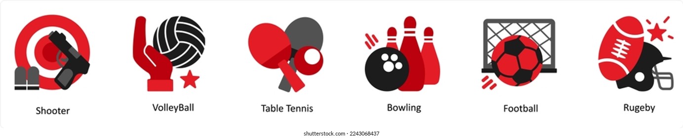 Six game icons in red and black as shooter, volley ball, table tennis