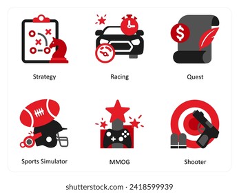 Six game icons in red and black as strategy, racing, quest