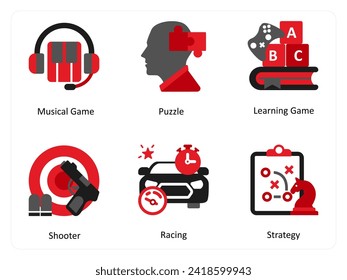 Six game icons in red and black as medical game, puzzle, learning game