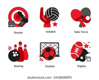 Six game icons in red and black as shooter, volley ball, table tennis