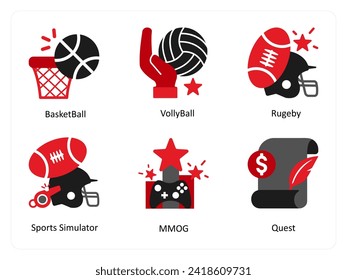 Six game icons in red and black as basket ball, volley ball, rugeby