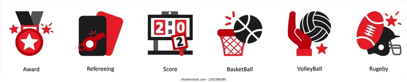 Six Games icons in red and black as award, refereeing, score
