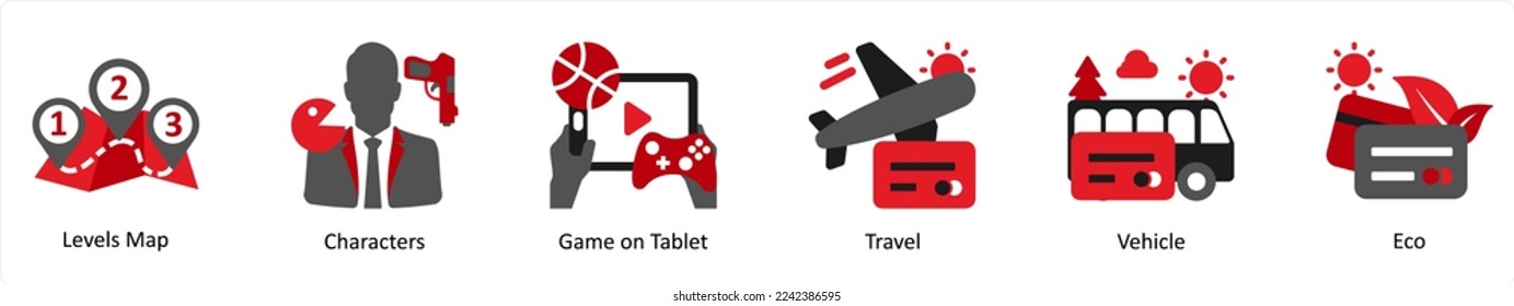 Six Games icons in red and black as levels map, characters, game on tablet