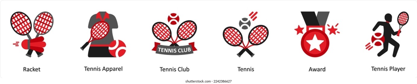 Six Games icons in red and black as racket, tennis apparel, tennis club