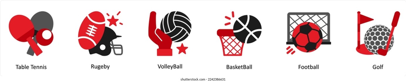 Six Games icons in red and black as table tennis, rugeby, volley ball
