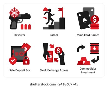 Six Games icons in red and black as revolver, carrer, memo card games