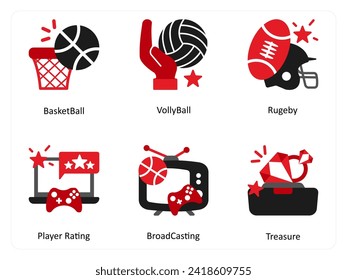 Six Games icons in red and black as basketball, volley ball, rubegy