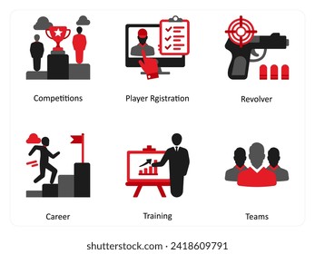 Six Games icons in red and black as competitions, player registraton, revolver