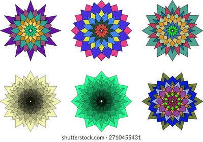 Seis patrones florales geométricos están aislados sobre fondo transparente y varían en color