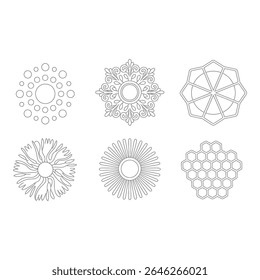 Six geometric mandala designs isolated on white background