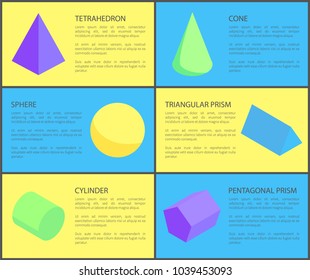 Six geometric posters color vector illustration sphere and cone geometric set, cylinder and tetrahedron, pentagonal and triangular prisms, text sample