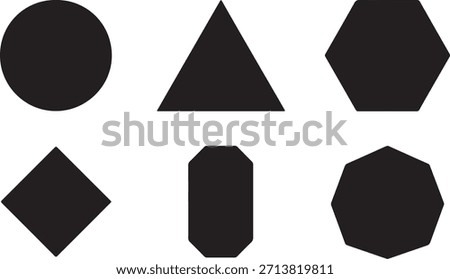 Six Geometric Shapes Including Circle, Triangle, Hexagon, Rhombus, Octagon, and Decagon in Black Silhouette Keywords: circle, triangle
