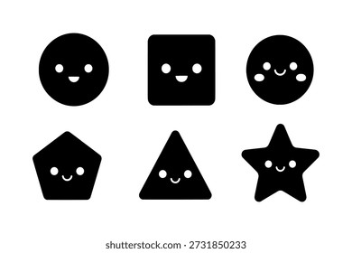 Seis Formas geométricas con caras sonrientes dispuestas en dos filas sobre un fondo blanco
