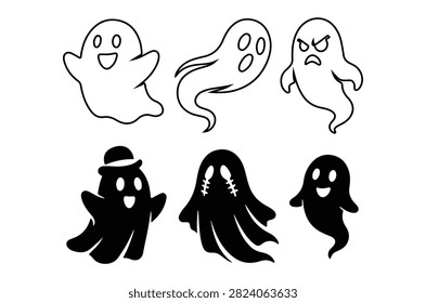 Six ghost shapes are shown as black silhouettes and white line art on a white background. Various expressions are visible.