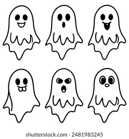 Six ghosts with different faces on a white background