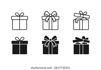 Six gift boxes illustrated with various bow styles in transparent background line art