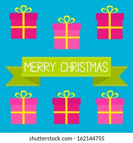 Six gift boxes with ribbons and bows. Merry Christmas card. Vector illustration.