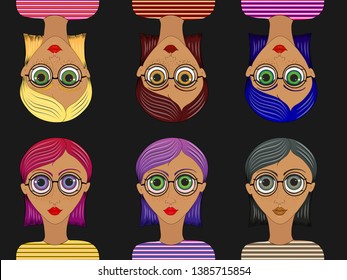 Six girls with different hair color and clothes. The girl in glasses with big eyes.