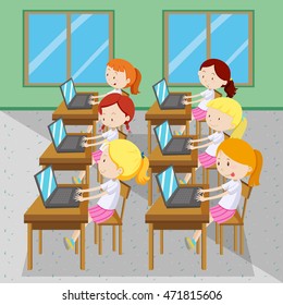 Six girls typing on computers illustration