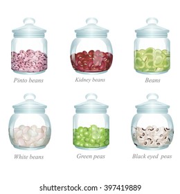 Six glass jars with beans and peas in them
