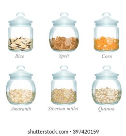 Six glass jars with cereals in them 
