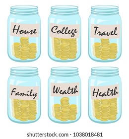 Six glass jars with coins and inscriptions on them on a white background. Vector illustration.