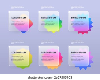 Six glass morphism infographic square panels set with different shape form. Vector template illustration