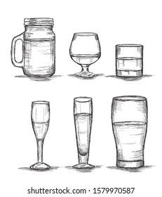 Six Glasses Collection - Mason Jar, Wine, whisky, champagne, beer Vector Illustration