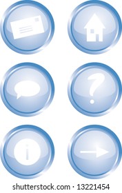 Six glossy blue web buttons with typical internet symbols (vector)