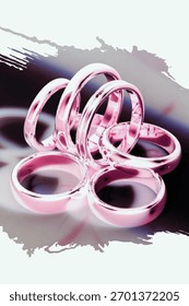 Sechs glänzende rosa Ringe schweben über abstrakten Pinselstrichen und vermischen metallischen Glanz mit künstlerischem Flair in einer modernen und visuell eindrucksvollen Komposition