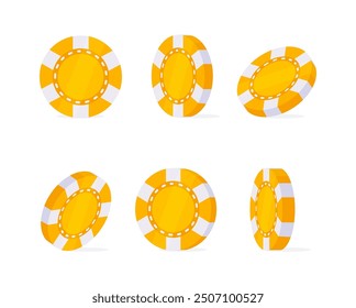 Six golden casino chips rotating at different angles, gambling and betting concept illustration