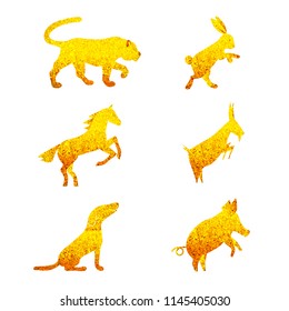 six golden chinese year lunar zodiac horoscope symbols. Zodiac china gold set. Silhouette animal vector illustration. Sparking golden sign isolated on white background - zodiac set 2